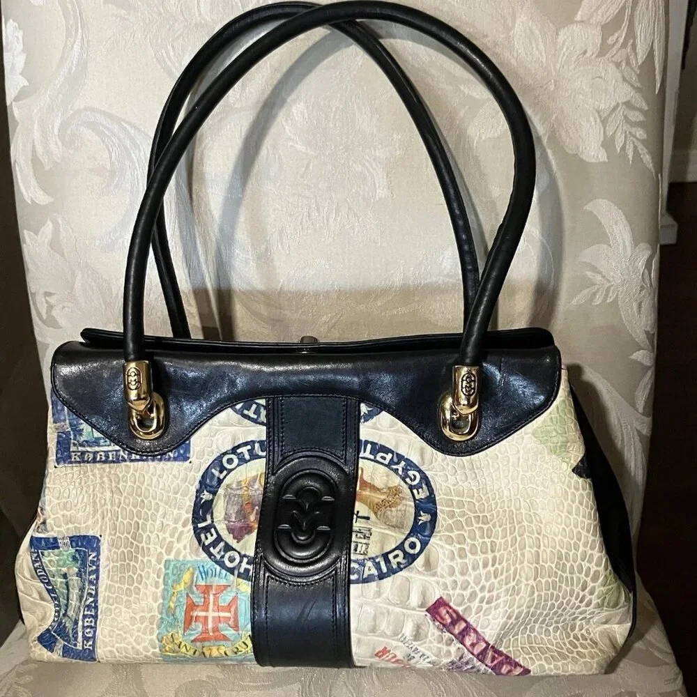 Marino Orlandi Cream and Black Travel-Stamp Satchel